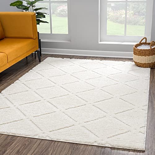 payé Teppich Wohnzimmer Hochflor - Boho - Cream - 120x170cm - Einfarbig - Modern Raute Meliert Muster - Skandinavisch Flauschig Weich - Wohnteppich Schlafzimmer Dekoration