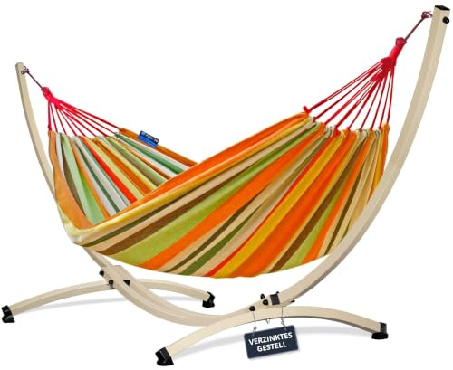 Potenza Outdoor Hängematte mit Verzinkter Gestell für 2 Personen I Baumwolle Doppelhängematte XXL 220x160, 200kg I Hängemattengestell 220kg, wetterfest (Orange, Gestell Ecru)
