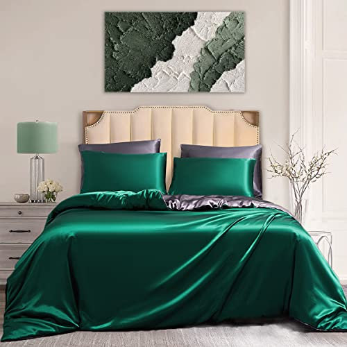Damier Bettwäsche 135x200cm 4 teilig Satin Glänzend Grün Grau Wendebettwäsche Set Seidig Glatt Bettbezug mit Reißverschluss und 2 Kissenbezüge 80 × 80 cm