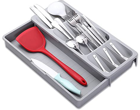BigTron Plateau à couverts compact en plastique, 17 à 30 cm, extensible, organiseur de tiroir d'argenterie, porte-ustensiles pour rangement de cuisine (gris)