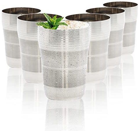 Stainless Steel Cups Metal Drinking Glasses Set of 6 Reusable Tumbler Mug Unbreakable Shatterproof for Cocktail Wine Beer Water Juice Iced Coffee Party Travel Camping Outdoor (Fresca Striped - 320ml)
