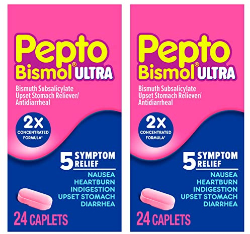 Pepto Bismol ULTRA Caplets, Upset Stomach Relief, Nausea Relief, Heartburn Relief, Indigestion Relief, Anti Diarrhea Medication for Adults - 5 Symptom Relief, 48 ct (2x24 ct)