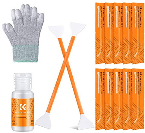 K&F Concept Kit de Nettoyage Photo 10 Écouvillons à Double Extrémité de 24mm pour Capteur APS Full Frame Gants Anti-Statique 20ml Liquide Nettoyant pour Objectif Écran Appareil Photo