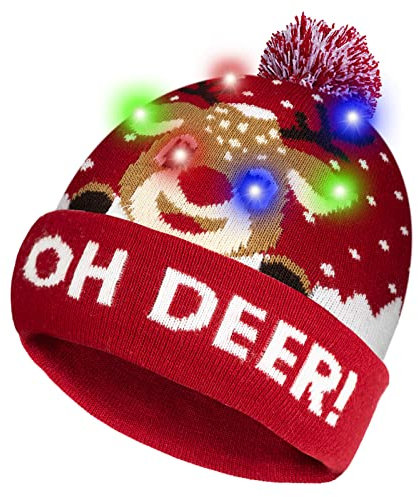 HOTUVEP Light Up Christmas Hat, LED Christmas Beanie Hat with Replaceable Battery, Luminous Xmas Knitted Hat with 6 Colorful Lights, Unisex Christmas Party Hats for Kids Adults Boys Girls Men Women