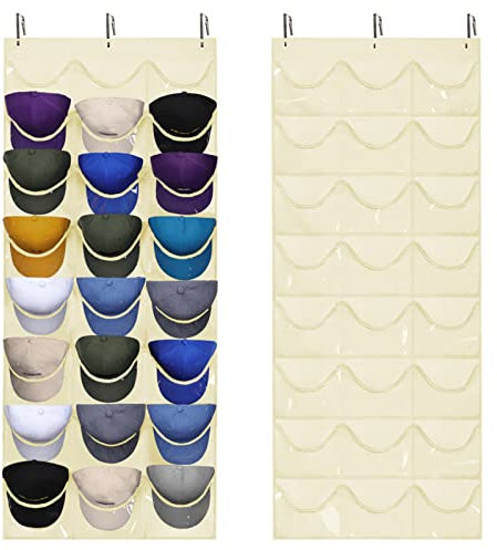 Dofilachy Hutablage – Hutständer Hut-Organizer – Hutablage für Baseballkappen, sichtbarer Huthalter – Baseball-Hutablage für Wandtür mit 3 Haken, 24 tiefen Taschen (beige, groß)