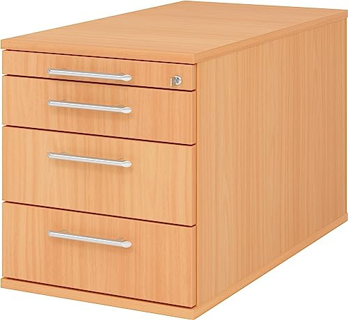 bümö Rollcontainer mit Schubladen, Container abschließbar aus Holz in Buche - Rollwagen für's Büro als Schreibtisch Unterschrank, Bürocontainer od. Schreibtischcontainer mit Relinggriffe