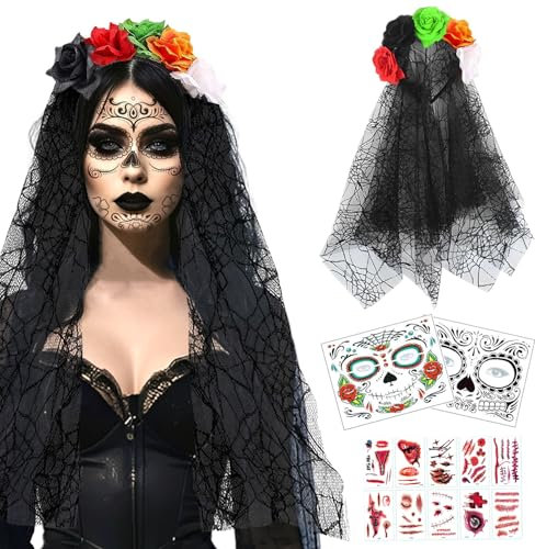 Byhsoep Halloween Tag der Toten Schleier Haarreif mit 2 Gesichtstattoos,10 Halloween Narbe Tattoo,Schleier Rosen für Halloween,Karneval,Cosplay Kostüm Party