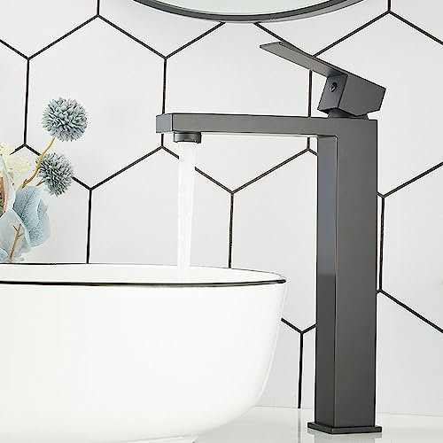 Maynosi Rubinetto Bagno Lavabo Alto, Rubinetto per Lavabo Nero Opaco, Miscelatore Lavabo Bagno Acciai Inossidabili, Calda e Fredda del Rubinetto con Tubi Flessibili, Stile Moderno Quadrato