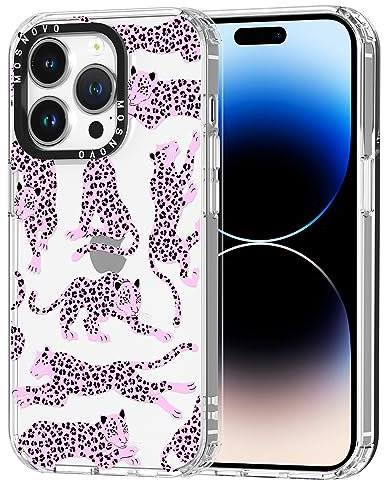 MOSNOVO Case for iPhone 14 Pro, [Buffertech 6.6ft Military-Grade Drop Protection] [Anti Peel Off Tech] Clear TPU Bumper Phone Case Cover Design - Pink Leopard