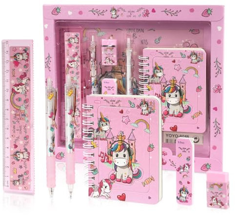 OFFCUP Einhorn Schreibwaren Set, 6pcs Einhorn Schreibwaren Geschenkset für Mädchen, Verdicktes Spiral-Puzzle-Notizbuch, Druckbleistift, Nachfüllbleistiftmine, Kugelschreiber, Radiergummi, Lineal