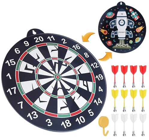 FINEW Double Sided Magnetic Dart Board Set, Kids Safety Dartboards with 12 Magnet Darts and Hook, 2 in 1 Indoor Dart Boards Game, Ideal Dart Toys Gift for Ages 4 5 6 7 8 9 10 Boys Girl & Adults