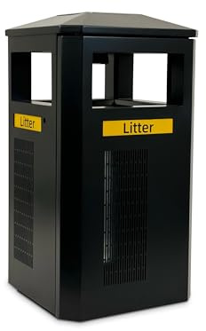 Outdoor Litter Bin, Black Steel Hooded Street/Park Waste Bin