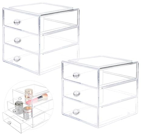 SUPAWAY 2 Stück 3-Lagige Acryl Kosmetik Organizer Schminke Orgenizerboxen Transparenter Make Up Organizer Stapelbare Kosmetikvitrinen Klar Aufbewahrungsbox mit Griff für Lippenstift Hautpflege Schmuck