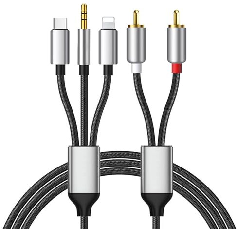 USB Type C to RCA Audio Cable, 3 in 1 RCA Cable Audio for Lightning, USB Type C, 3.5 mm jack cable, Compatible with iPhone, Samsung Galaxy, Huawei, for Car, Home Theater, Speaker(1.3m)