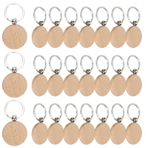 FOGAWA 24 Pièces Porte Clés en Bois Bricolage Porte Clés vierges Bois Ronde Porte Clés en Bois Brut Porte Clés en Bois Naturel pour Bricolage Artisanat Décoration DIY (Ronde)