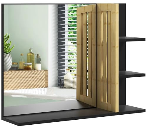 HOMCOM Modern Bathroom Mirror with Shelf, Wall-mounted Vanity Mirror with 4 Storage Shelves and Bamboo Panel for Make Up, Black