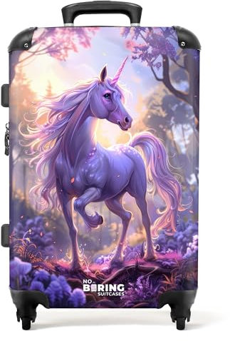 NoBoringSuitcases.com Kinderkoffer, Kinderkoffer Mädchen, Koffer Groß, Koffer Kinder, Mit TSA, Kindertrolley Mädchen, Koffer 20kg Gepäck, Koffer Mittelgroß (Einhorn, Blumen - Violett, 67 cm - 72 L)