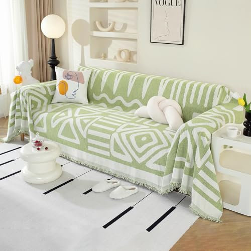 Royhom Couch Überzug 2/3/4 Sitzer, Sofa Überzug Ecksofa, Sofabezug L Form, Chenille Sofaüberwurf, Couch Überwurf mit Deko Quasten, Grün Sofa Überwurf(Boho Grün, 180x340cm)