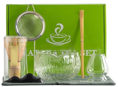 Matcha Whisks, Matcha Whisk Set 7Pcs Matcha Bowl and Whisk Set Bamboo Matcha Whisk with Whisk Holder, Glass Bowl, Tea Scoop, Sifter, Teacloth, Tea Ceremony Set for Machat Tea Making Kit