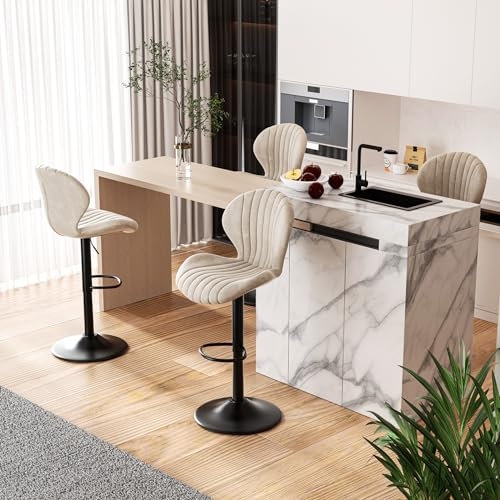 Hawthyhome Barhocker 4er Set |Barhocker Höhenverstellbar mit lehne •Hocker aus Fabric•Küchenstühle mit Fußstütze •Barstühle Drehstühle •360°Drehbar Einfache Montage •Beige