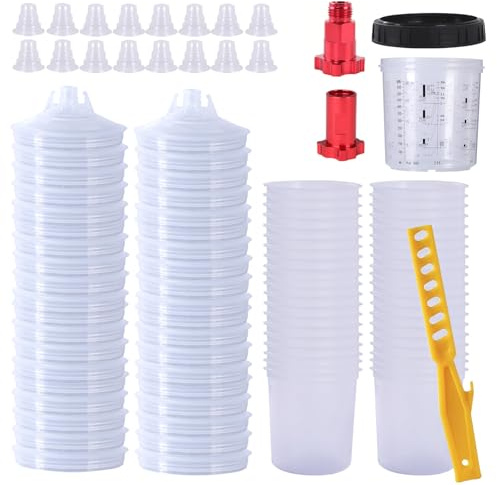 Disposable Paint Sprayer Mixing Cup Paint Cups Paint Guns Automotive Cup Kit with 20 Ounce (600ml) Kit 50 Cup Liners,50 Lids, 8 Plugs 1 Hard Cup with Retainer Ring Paint Sprayer Mixing Cup