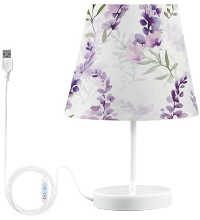 Mnsruu Bedside Table Lamps with USB Ports, Lavender Floral Plants Nightstand Desk Lamps for Bedroom, Living Room, Office,S