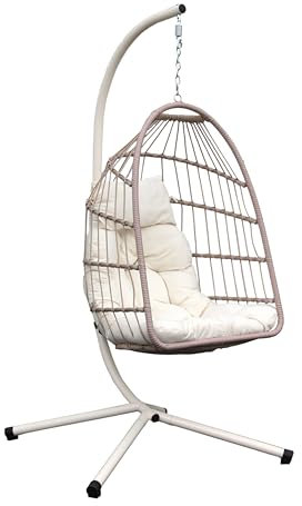 Brigros - Sedia A Dondolo Sospesa Da Esterno Modello Rawak Con Supporto A Terra In Acciaio, Poltrona Sospesa Da Giardino Pieghevole Con Corda E Cuscino Impermeabile (Natural)