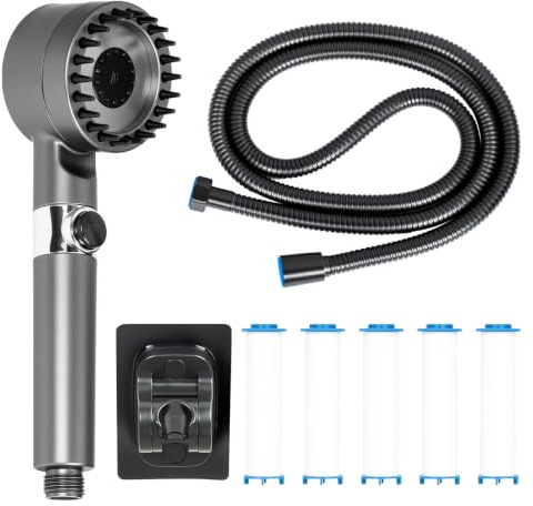 Soffione doccia con filtro, doccetta ad alta pressione con tubo, doccetta aumenta la pressione con 4 tipi di getto e funzione di arresto, per acqua dura, cloro residuo, batteri, metalli pesanti