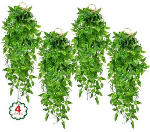 Woltoy Künstliche Pflanzen 4 Stück Kunstpflanze, 1 Meter Hängepflanze Efeutute Grün, Efeu Künstliche Pflanzen Ranken für Wand Deko Wohnzimmer & Badezimmer