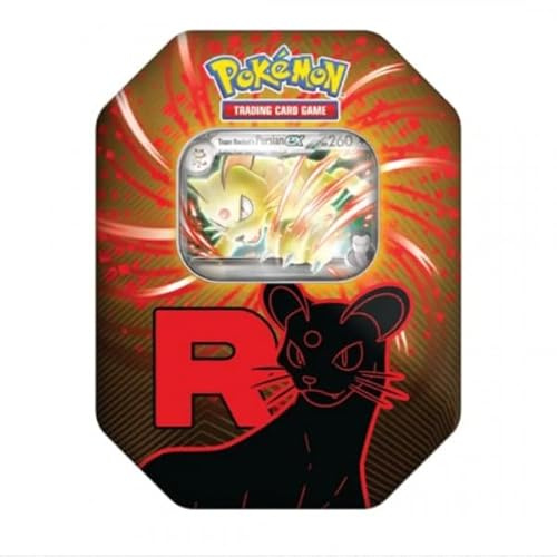 Pokémon – Metal Box Team Rocket 2025 | 1 Shiny Promo Card (Mewtwo ex/Nidoking ex/Persian ex) + 4 Boosters | Official TCG Box Model Random