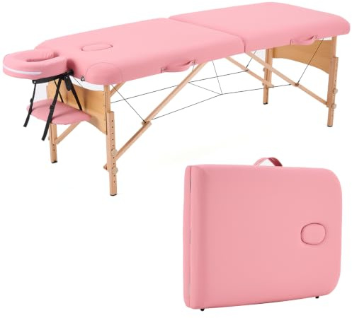 YOUNIKE Table de Massage Pliante 2 Zones 70 cm, Hauteur Réglable en Bois avec Appui-Tête et Accoudoirs, Table Portable pour Massage, Esthétique et Tatouage – Rose