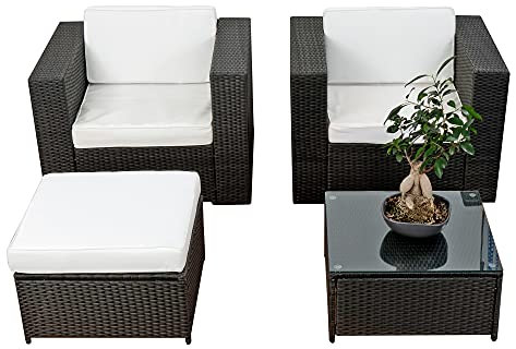 XXL Balkon Lounge Set für Balkon und Terrase erweiterbar - Polyrattan Balkon Lounge Set - schwarz – Gartenmöbel Lounge Möbel Set Garnitur - Gartenlounge Set + Lounge Sessel + Hocker + Tisch + Kissen