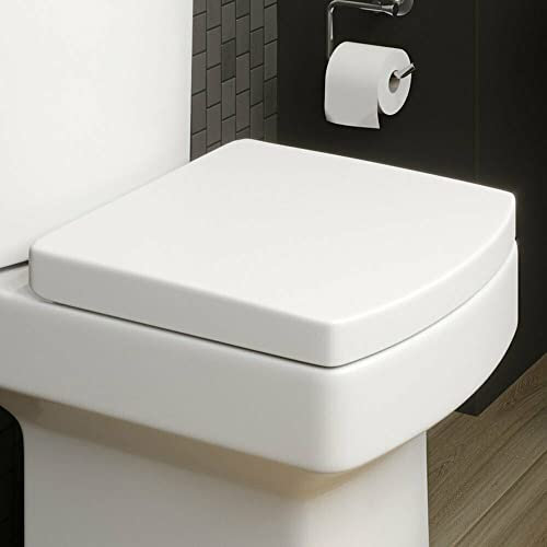 Affine Modern White Square Toilet Seat Soft Closing Silent Fast-Release Chrome Hinges