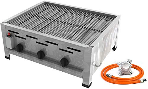 Gastro Edelstahl Gasbräter 3 flammig 10,8 KW mit Grillrost f. Propangas + Gasschlauch Gewerberegler mit SBS (Gastronomie - Wurstbräter, Gasgrill Gastrokocher, Bräter, Grill)
