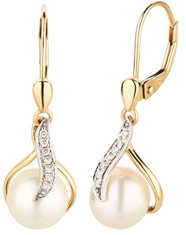 Ardeo Aurum Damen Hänge-Ohrringe aus 375 Gold bicolor Gelbgold Weißgold mit 0,07 ct Diamant Brillant 7,5 mm Perlen Brisuren Hänger Tropfen-Design
