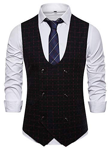 YOUTHUP Gilet de Costume pour Homme à Carreaux Col U Gilet sans Manches en Coton Veste Casual Double Boutonnage