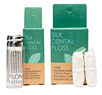 Filo interdentale in seta naturale + ricariche set 90 m | Eco Zero Waste Biodegradabile sostenibile senza plastica naturale filo interdentale in dispenser di vetro riutilizzabile. Confezione ecologica