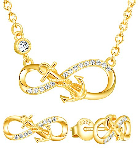 Yumilok Schmuckset Halskette und Ohrringe, Halskette mit Anhänger und Ohrstecker Anker und Unendlichkeitssymbol aus 925er Silber, Schmuck für Damen und Mädchen, Zirkonia