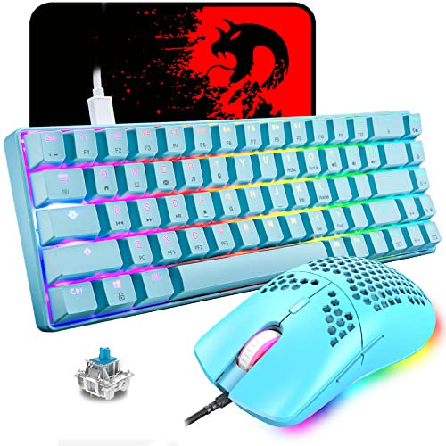 USB Cable 60% Teclado Mecánico Mini 68 Tecla RGB Retroiluminado Gaming Keyboard Mouse Set + 6400 DPI Ultralight Honeycomb Shell PC Gaming Ratones + Mouse Pad para PC/MAC - Clicky Blue Switch/Azul