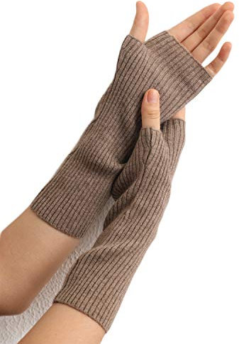 Prettystern Damen mid-lange Kaschmir Pulswärmer Arm-Stulpen fingerlose Ripp-Strick Handschuhe Braun