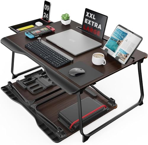 Table,SAIJI Bed Table, Stable Large Foldable Tray with Bookstand, Drawer,Upgraded Handrest, Tablet&Phone Slot, laptop stand for Bed, Sofa, Floor (Black Cherry, 65 * 49)