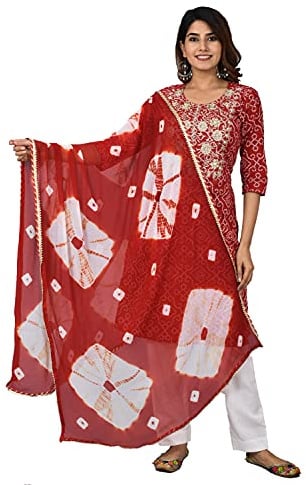 Vrnda Dam bomull indisk bandhej tryck rak kurta set okbroderi Kurti med byxa och Dupatta set klänning, Röd, L