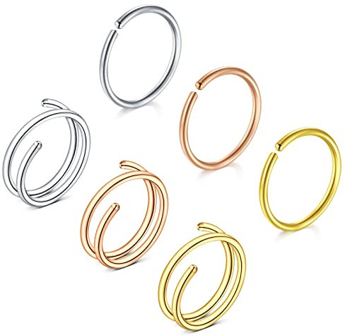 6pcs Double Hoop Nose Rings 20G 8mm Spiral Nose Ring for Single Piercing Stainless Steel Silver Black Rose Gold