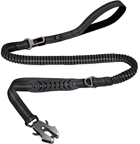 Tactical Heavy Duty Bungee Dog Leash for Medium Large Dogs That Pull, Raipult Military K9 Working Lead, 4-6FT Shock Absorbing Frog Clip Dog leashes with Padded Traffic Handle & Car Seatbelt, Black