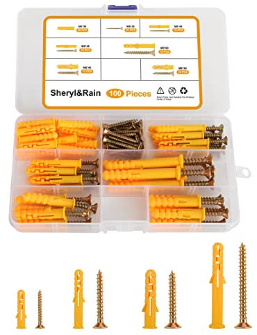 100 Pcs Screws and Wall Plugs Set (50 Masonry Screws, 50 Expansion Pipe Anchor Bolts), 4 Size Fixings Plugs Assortment Kit, M6/M8 Wall Plugs and Screws, for Brick Wall, Concrete, Masonry, Drywall