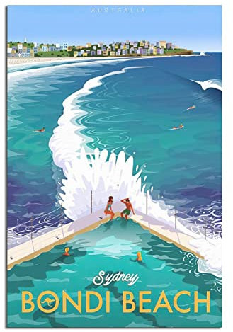 YONGCAI Bondi Beach Australien Sydney Vintage Reiseposter Leinwand Wand Home Room Decor Kunst Poster Malerei Bild Druck Geschenk Poster