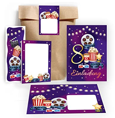 12 Einladungskarten zum 8. Kindergeburtstag Kino achte Geburtstag Mädchen Jungen Cinema Kino-Party incl. 12 Umschläge, 12 Tüten/natur, 12 Aufkleber, 12 Lesezeichen, 12 Blöcke