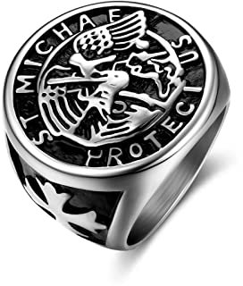Dochais Edelstahl Siegelring Fingerring für Herren Damen, Heiliger Michael Christophorus Fingerring Saint Benedikt Ring (11, Schwarz)