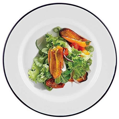 Premium Quality Traditional Enamel White Blue Trim Rice, Pasta, Bowl, Dinner, Round Pie, Soup, Mixing, Deep Dish Tableware Crockery (Dinner Plate 20cm)