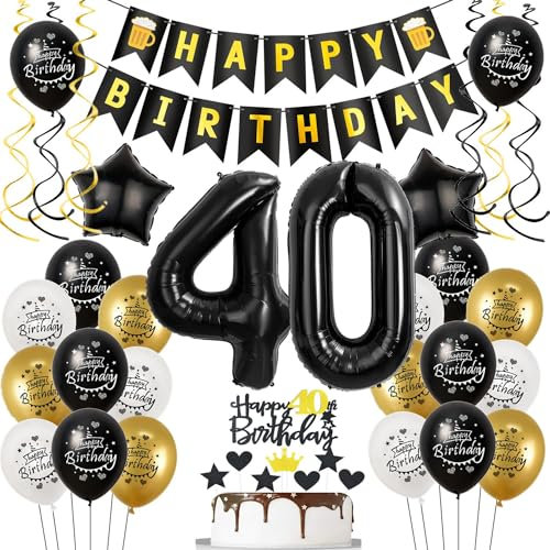 Luftballons 40. Geburtstag Schwarz Golden, Geburtstagsdeko 40 Jahre Mann Frauen, Ballon 40. Geburtstag, Folienballon Zahl 40, deko 40. geburtstag Frauen, Schwarz Tortendeko 40 Mann Deko